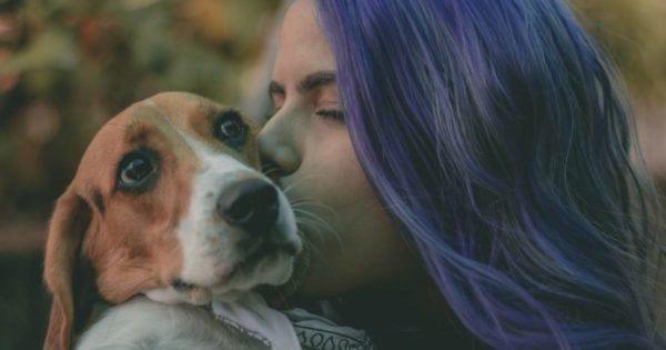 woman kissing brown and white dog